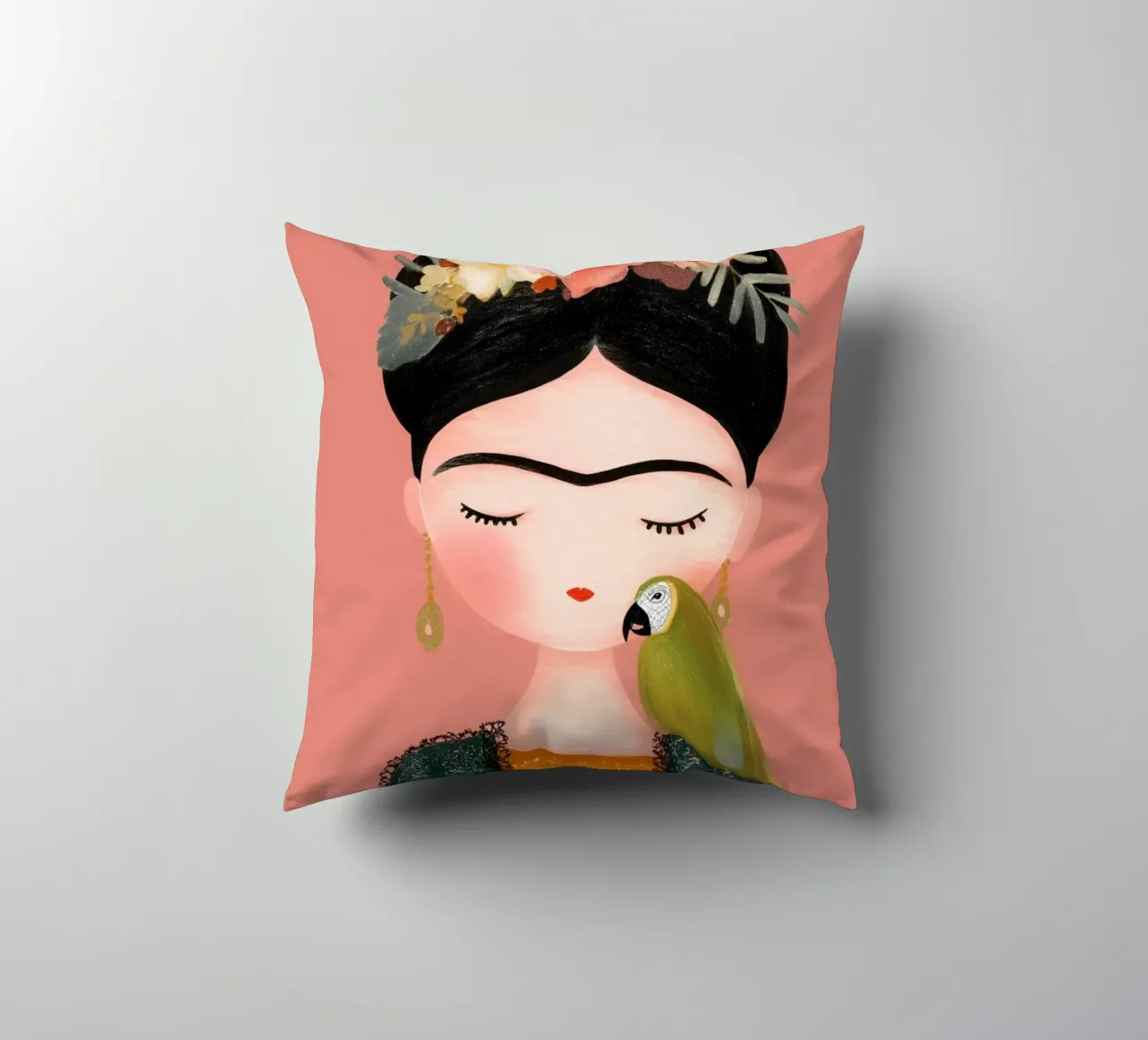 La piccola Frida con il pappagallo cuscino da Carinaprint
