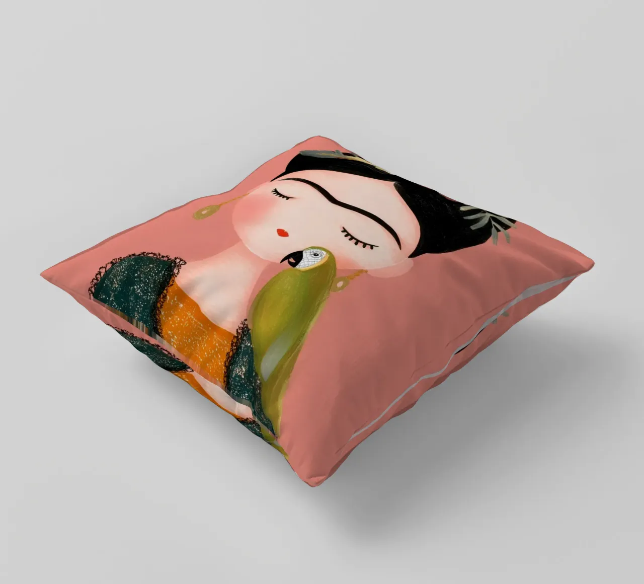 La piccola Frida con il pappagallo cuscino da Carinaprint