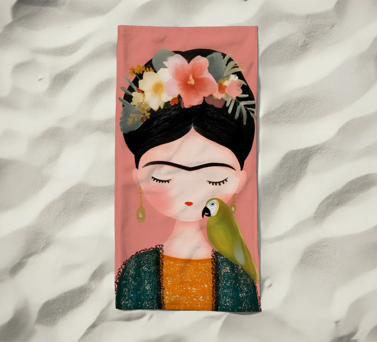 La piccola Frida con il pappagallo telo mare da Carinaprint