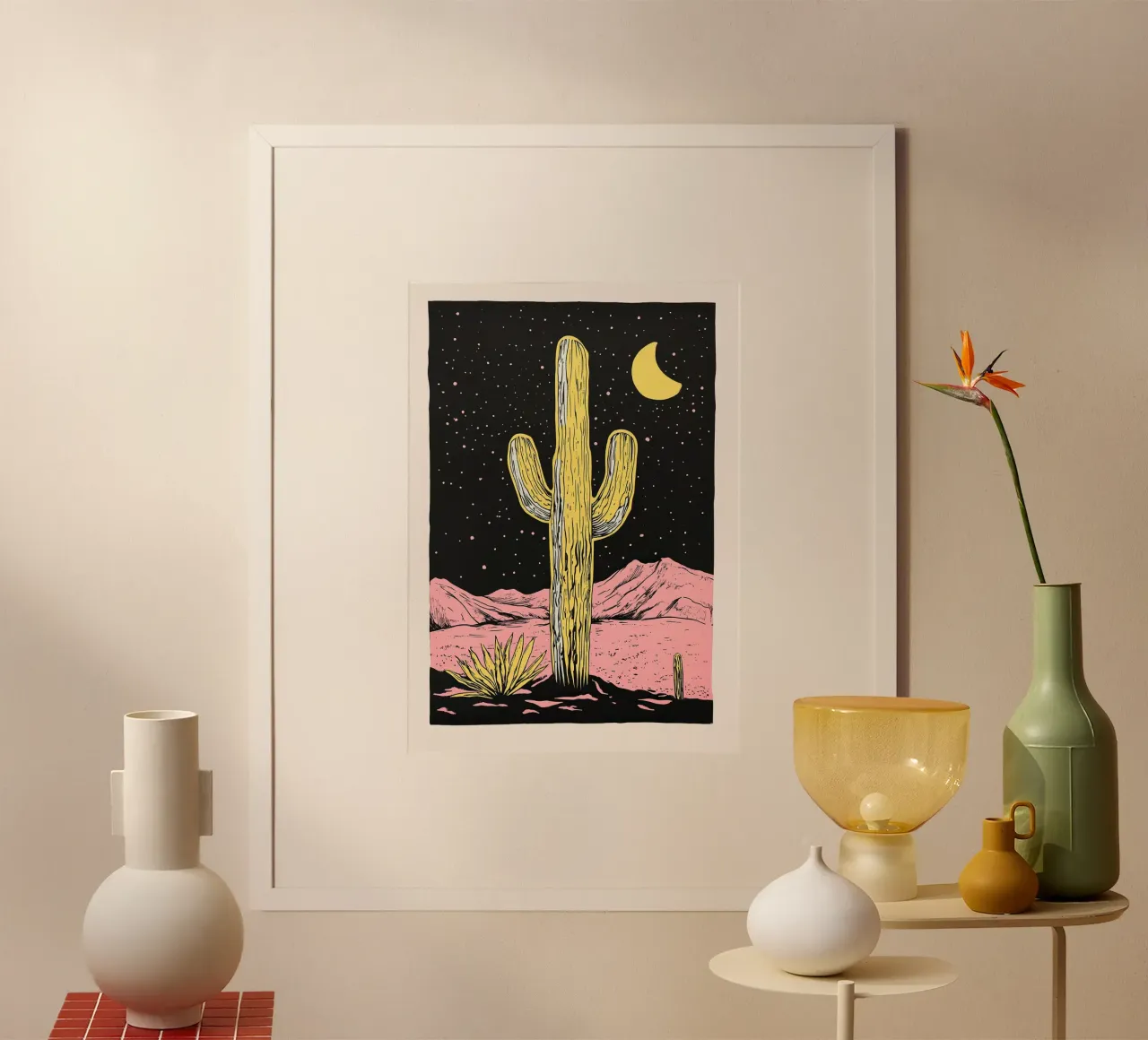 Gioiello del deserto - Pittura di cactus poster con telaio in alluminio da Nikis Art Studio