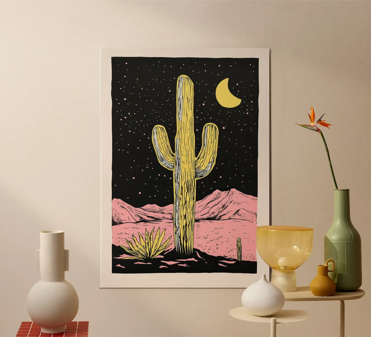 Gioiello del deserto - Pittura di cactus poster con telaio in alluminio da Nikis Art Studio