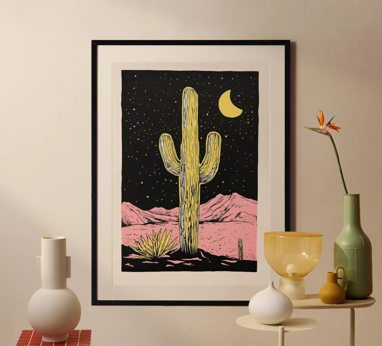 Gioiello del deserto - Pittura di cactus poster con telaio in alluminio da Nikis Art Studio