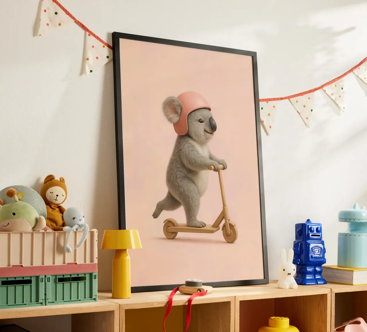 Koala in monopattino - Simpatico cavalcabile per bambini Arte da parete poster con telaio in plastica da Lootprint