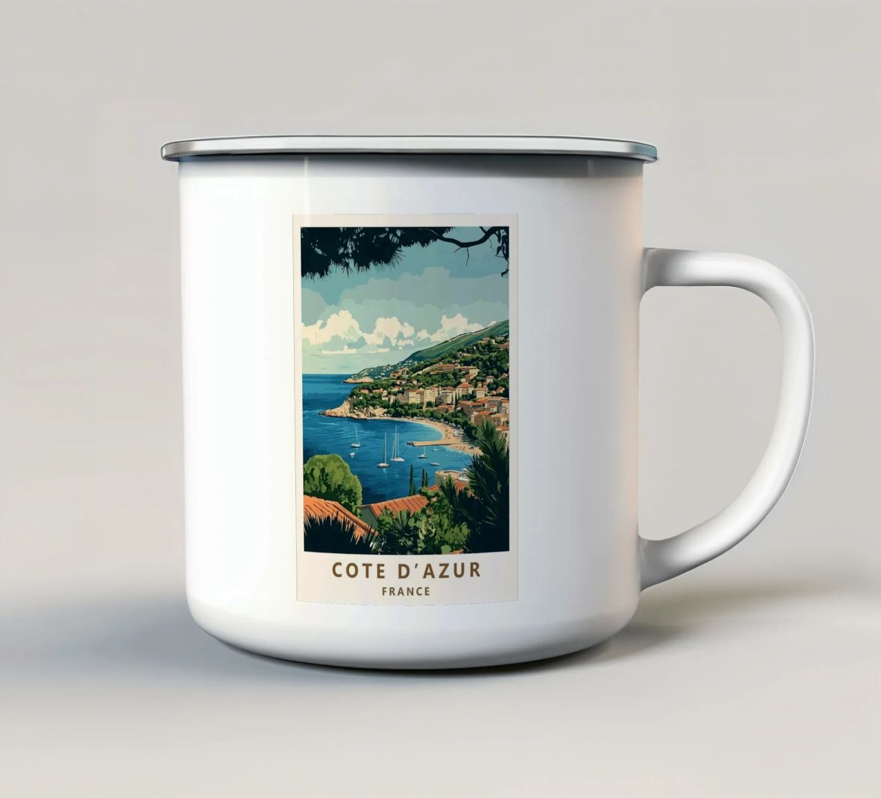Come on visit travel Cote d'Azur Emaille Tasse von youngs print