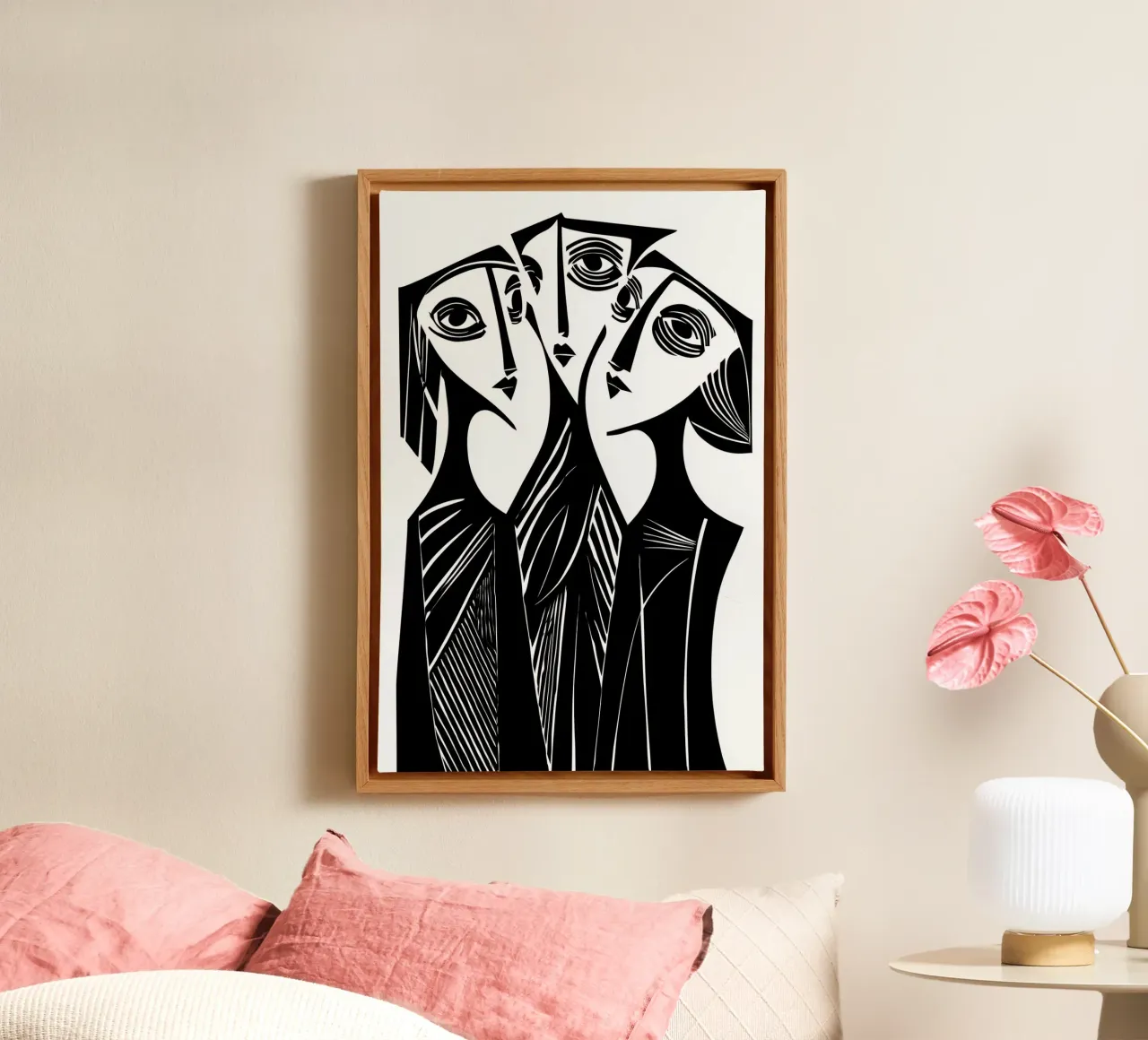 Drie vrouwen bij roddel en achterklap | linosnede canvas met Baklijst van Autofocus
