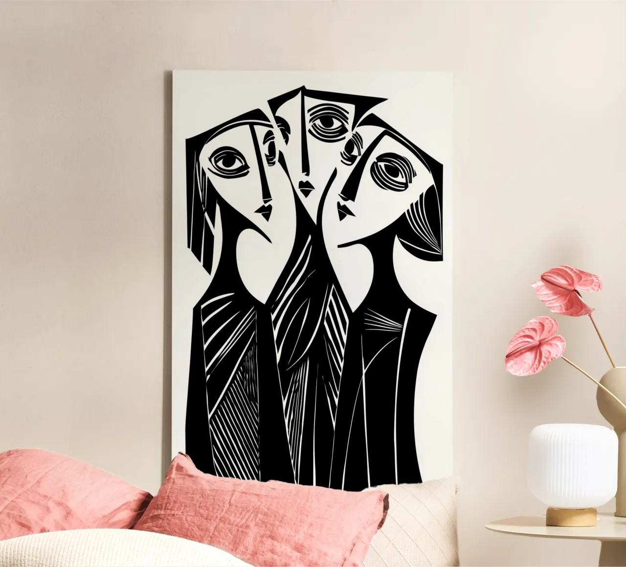Drie vrouwen bij roddel en achterklap | linosnede canvas met Baklijst van Autofocus