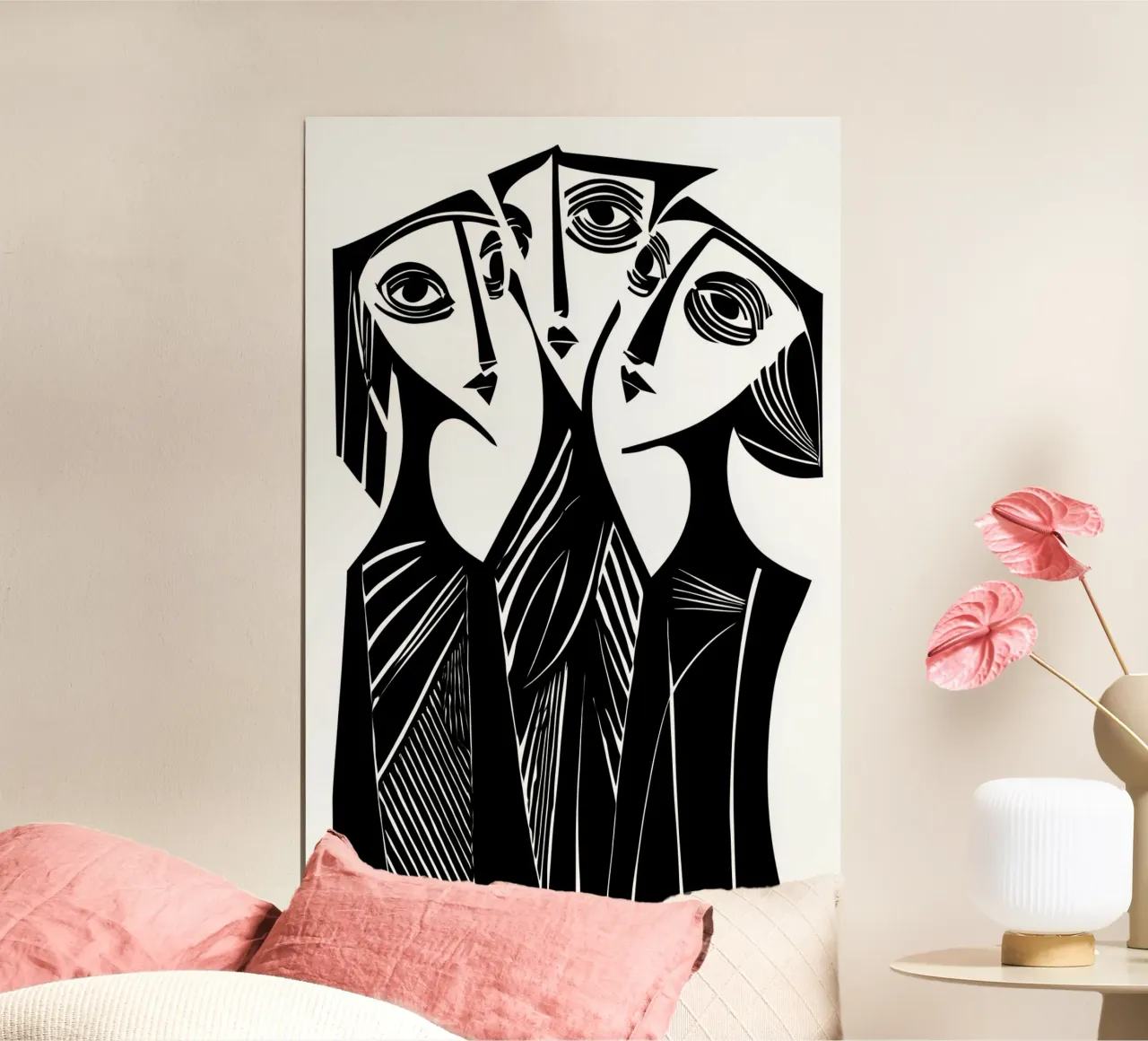 Drie vrouwen bij roddel en achterklap | linosnede poster van Autofocus