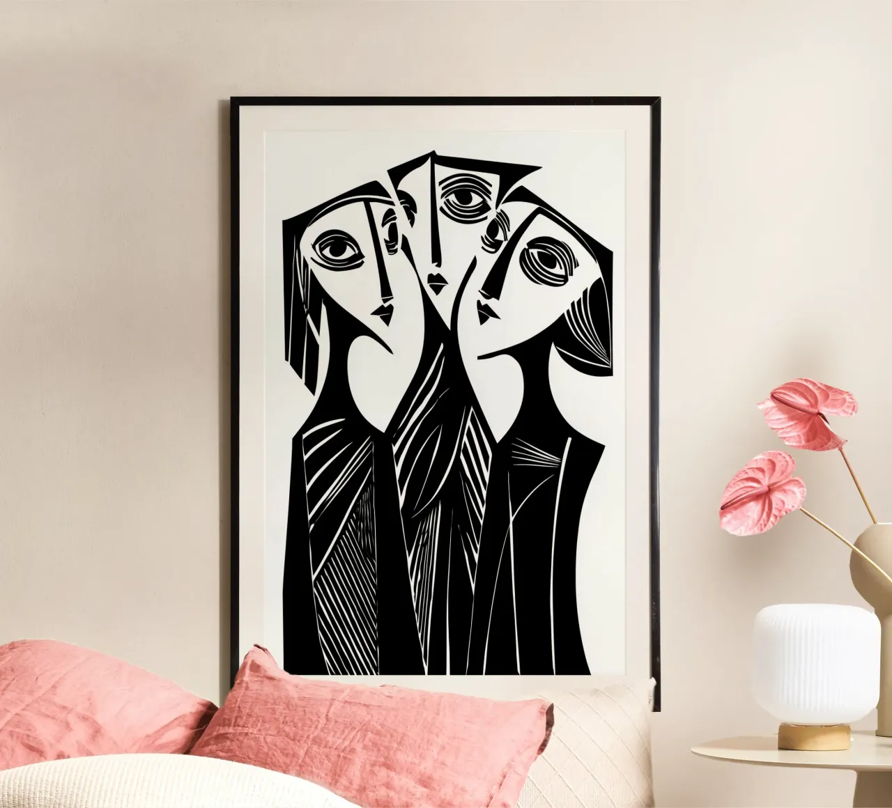 Drie vrouwen bij roddel en achterklap | linosnede poster van Autofocus