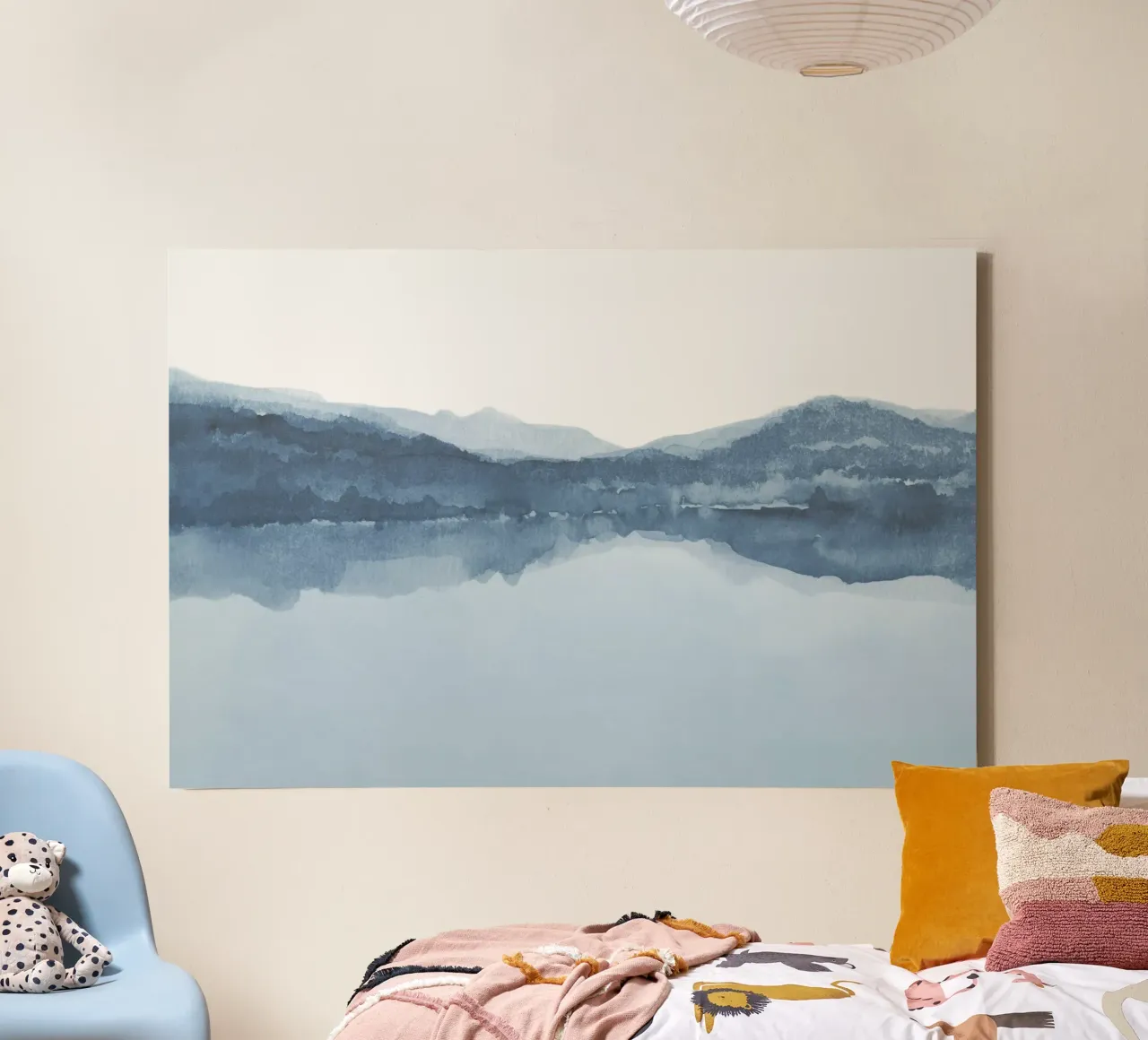 Vue abstraite d'un lac en aquarelle bleue toile avec Caisse américaine de NouveauPrints