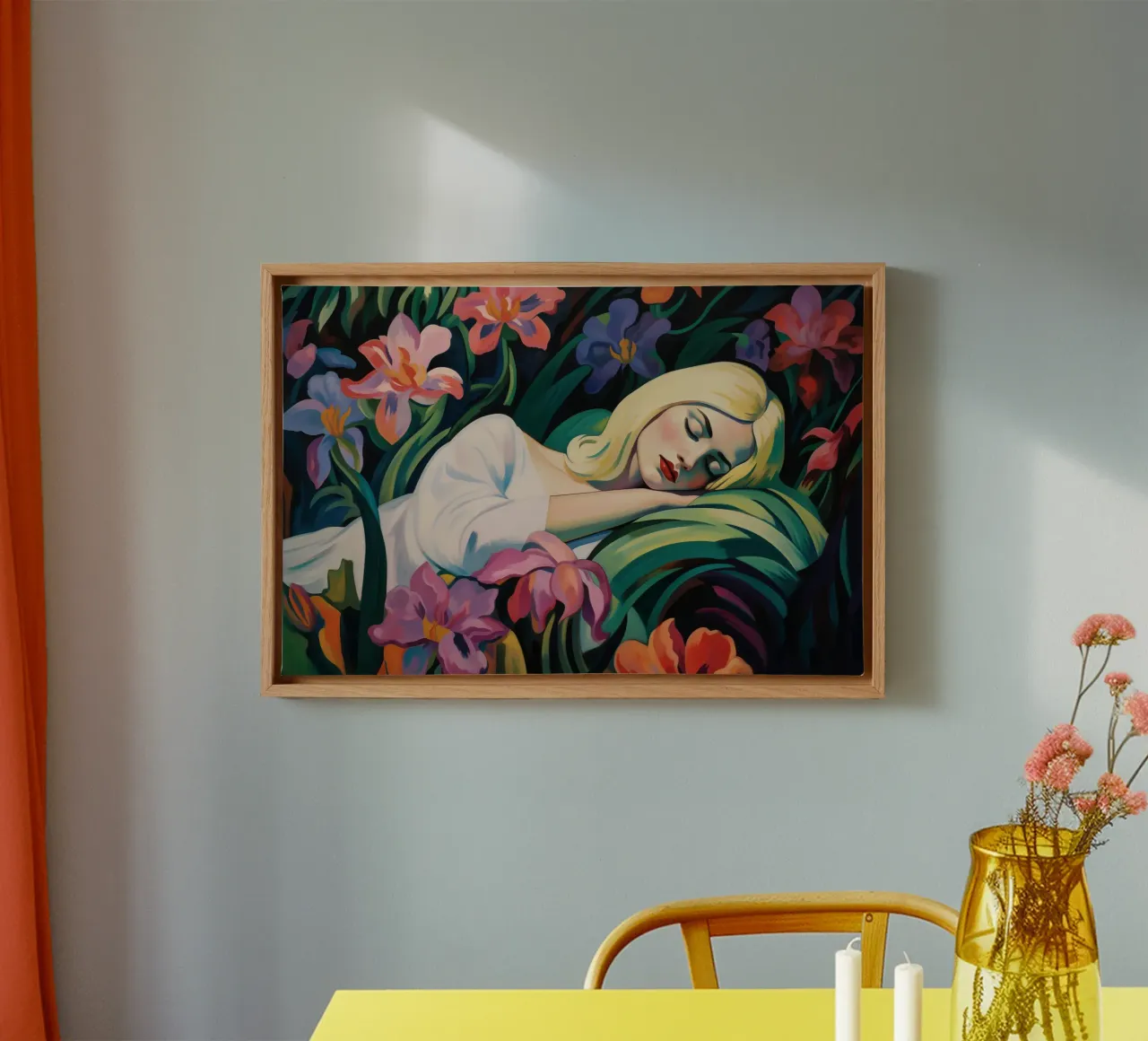 Blonde vrouw slapend in de orchideeëntuin | Schilderij canvas met Baklijst van Autofocus