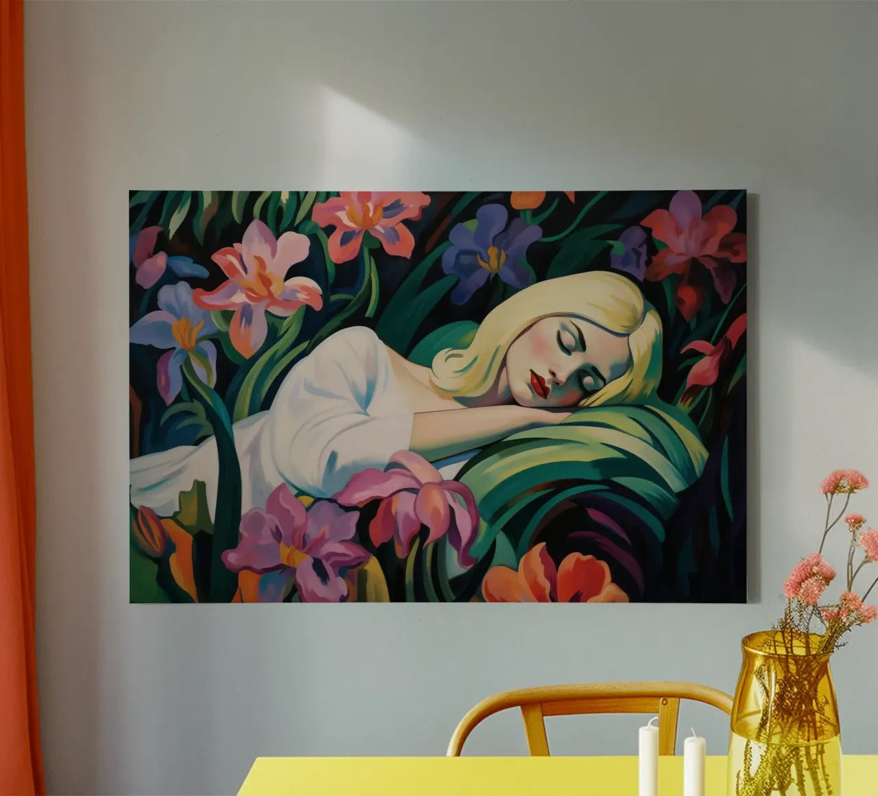 Blonde vrouw slapend in de orchideeëntuin | Schilderij canvas met Baklijst van Autofocus