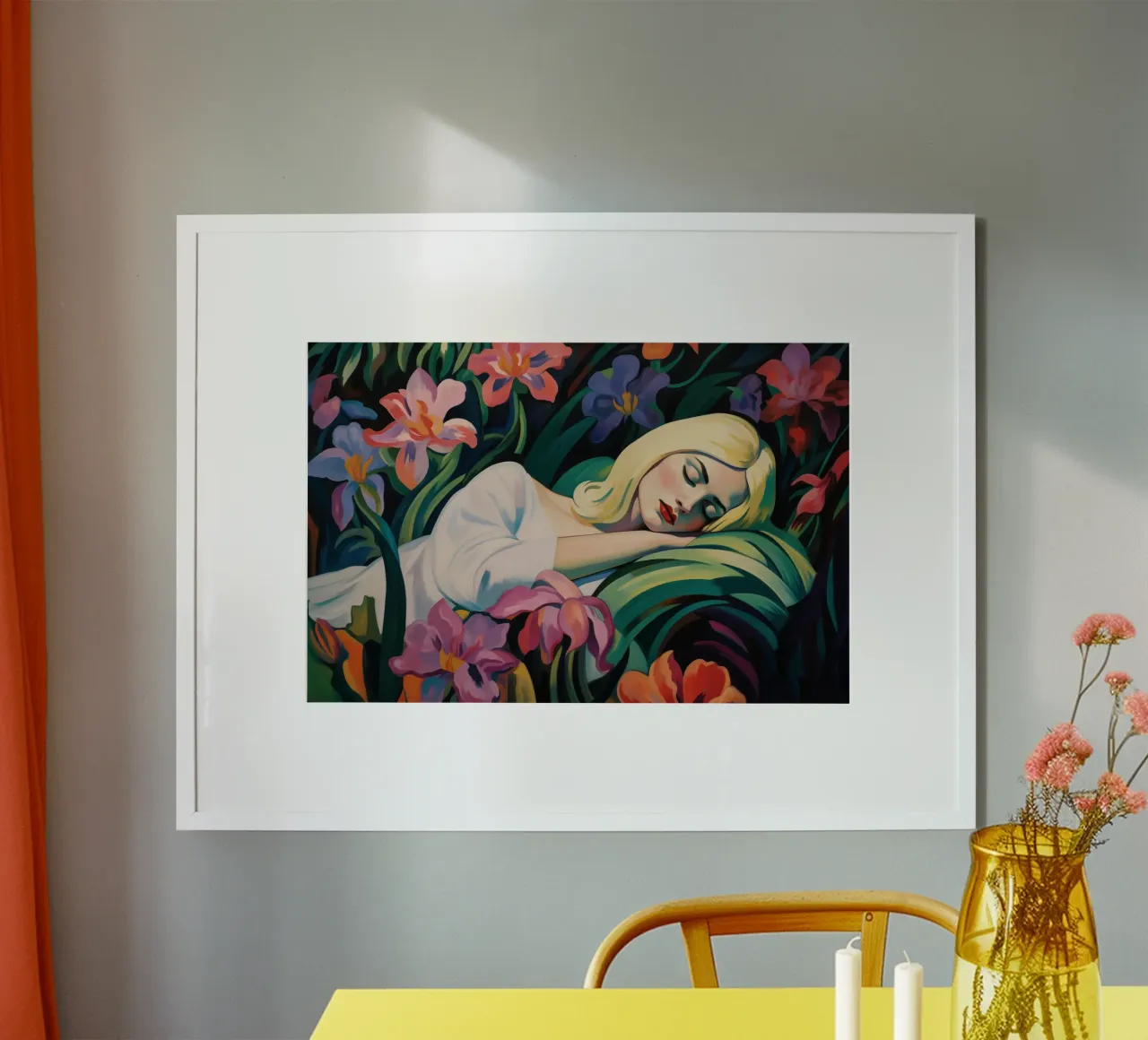 Blonde vrouw slapend in de orchideeëntuin | Schilderij poster van Autofocus