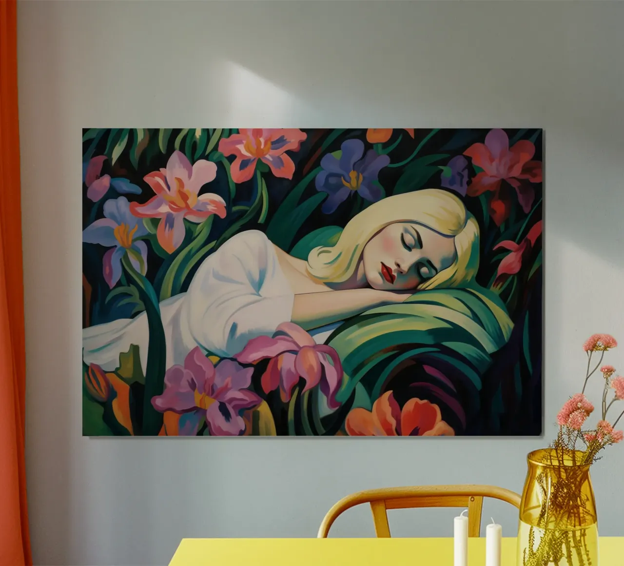 Blonde vrouw slapend in de orchideeëntuin | Schilderij poster van Autofocus