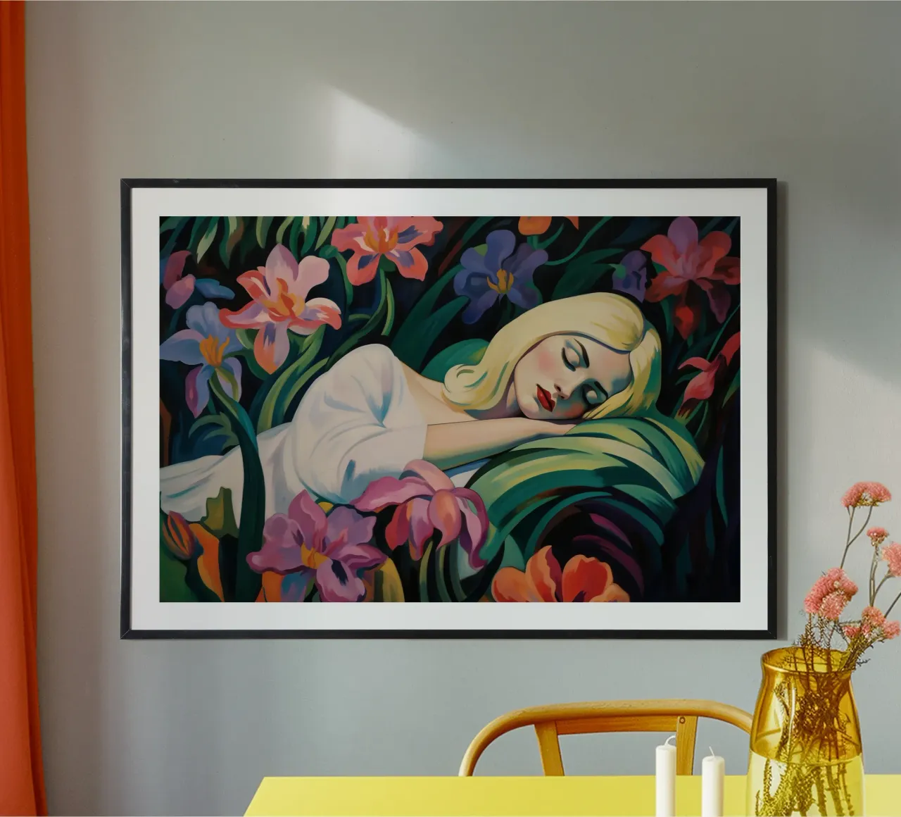 Blonde vrouw slapend in de orchideeëntuin | Schilderij poster van Autofocus