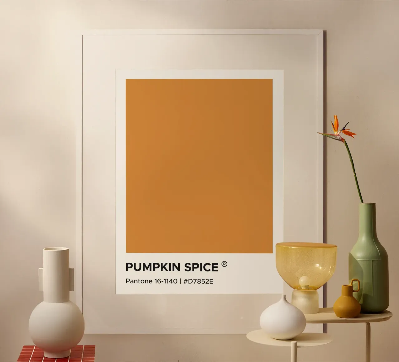 Pompoen Kruiden Pantone poster met houten frame van Paigaam Studio