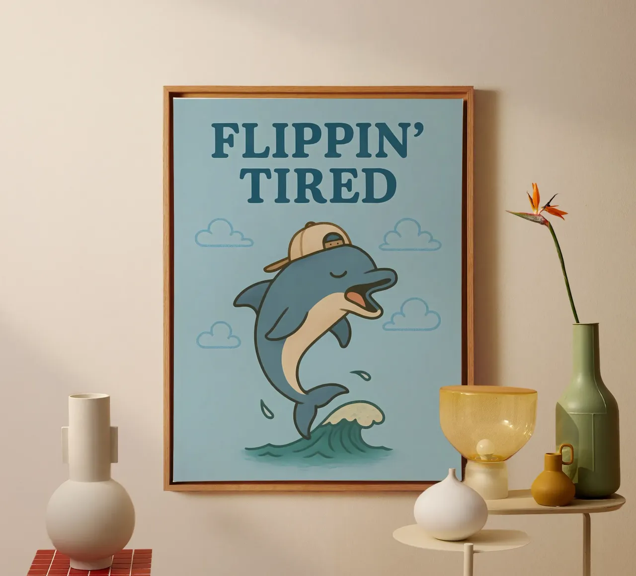 Lustiges Delphin-Meme Leinwand mit Schattenfugenrahmen von Funny Humor Art