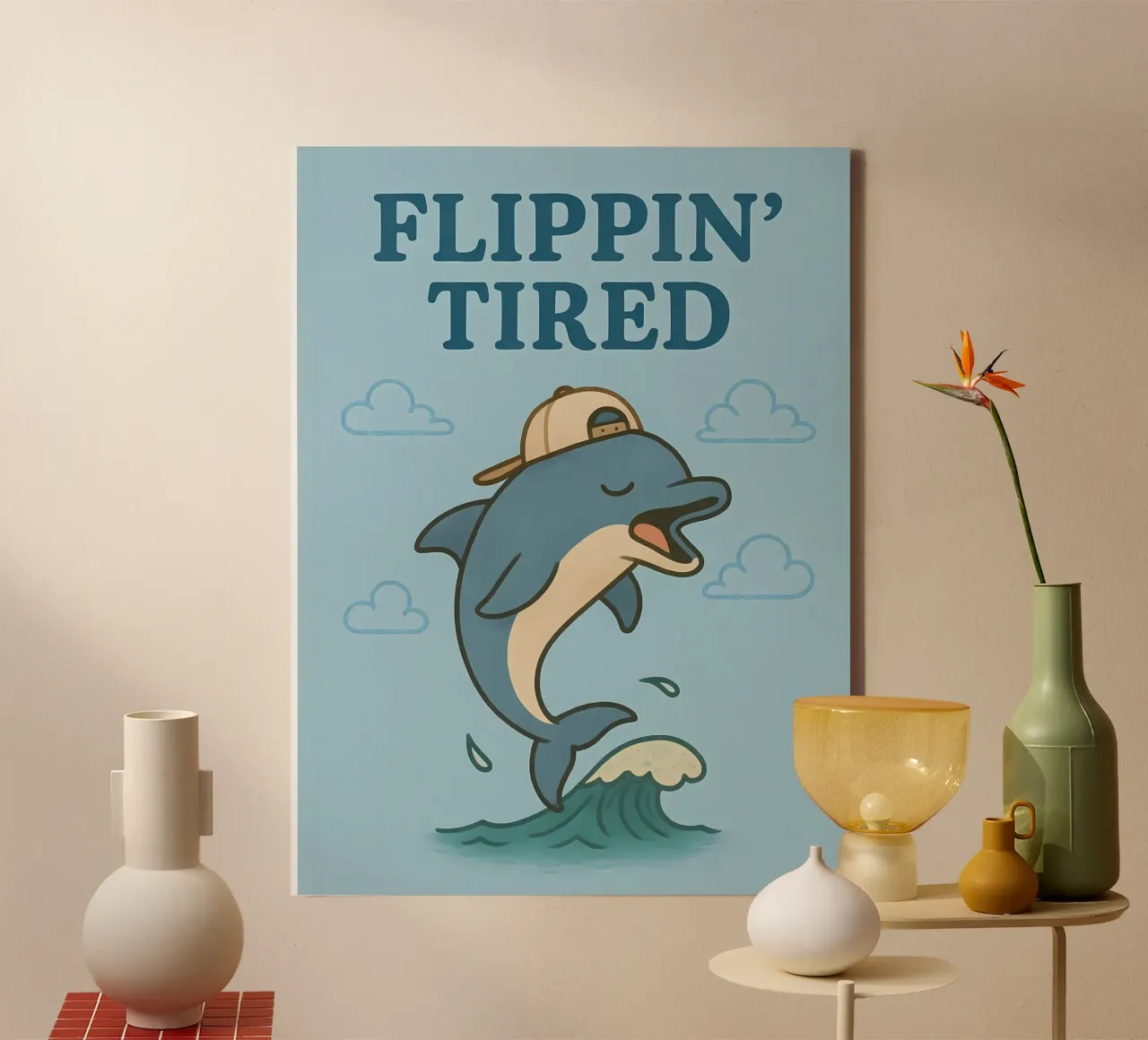 Lustiges Delphin-Meme Leinwand mit Schattenfugenrahmen von Funny Humor Art