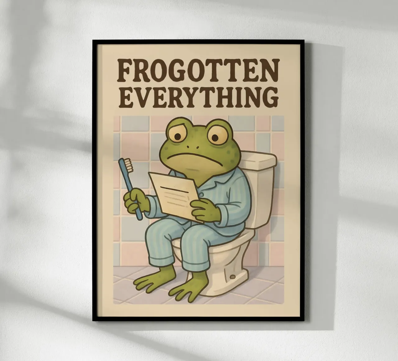 Meme divertente della rana del water poster con telaio in legno da Funny Humor Art