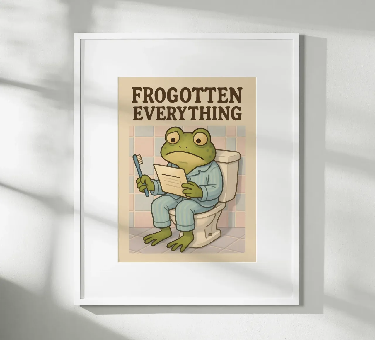 Meme divertente della rana del water poster con telaio in legno da Funny Humor Art