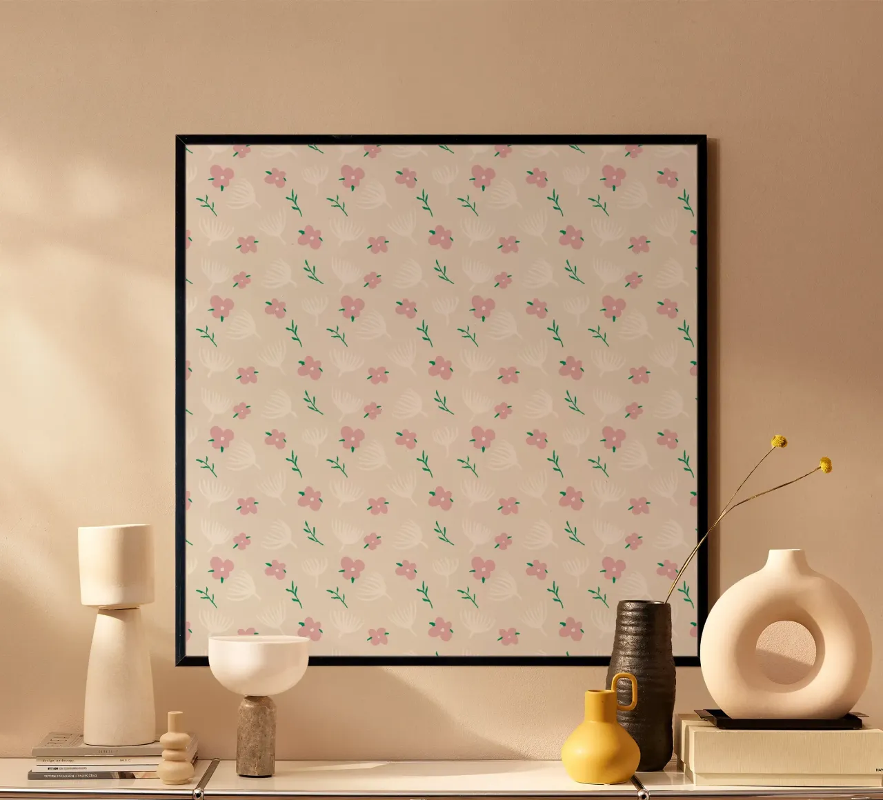 Modello floreale di colore chiaro senza cuciture poster con telaio in legno da Little Dean