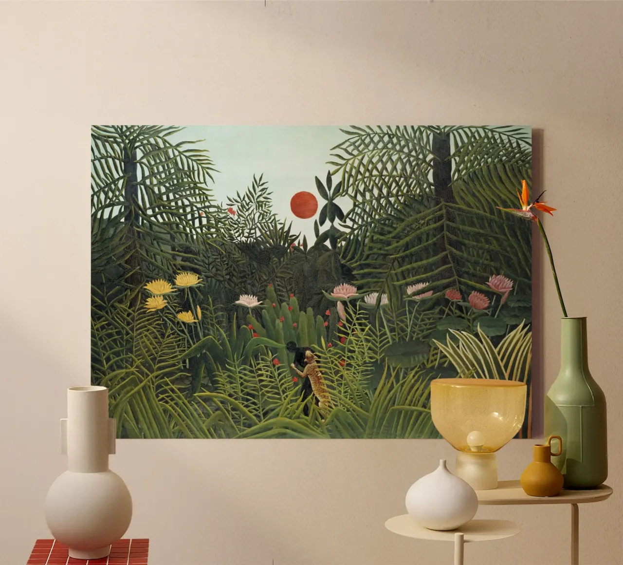 Foresta vergine con tramonto di Henri Rousseau (1910) tela con Cornice a cassetta da Venus Art