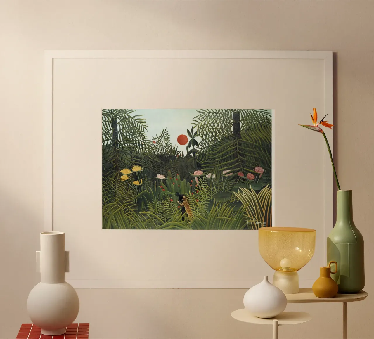 Foresta vergine con tramonto di Henri Rousseau (1910) poster con telaio in plastica da Venus Art