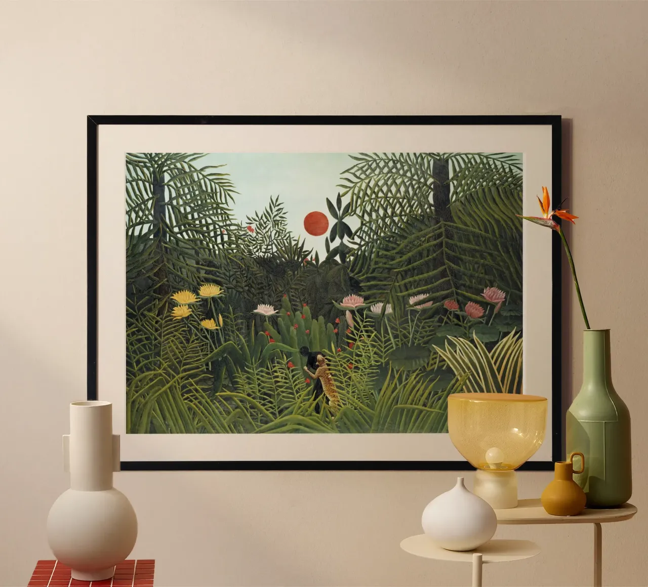 Foresta vergine con tramonto di Henri Rousseau (1910) poster con telaio in plastica da Venus Art