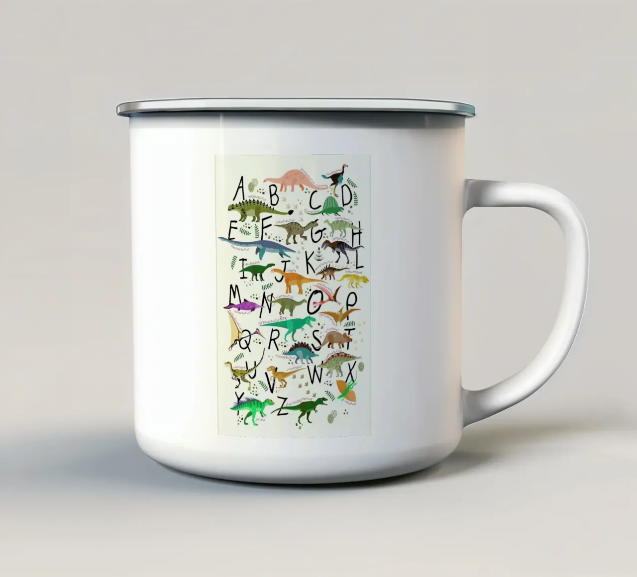 Dino Alphabet taza de esmalte de Little Flourishes