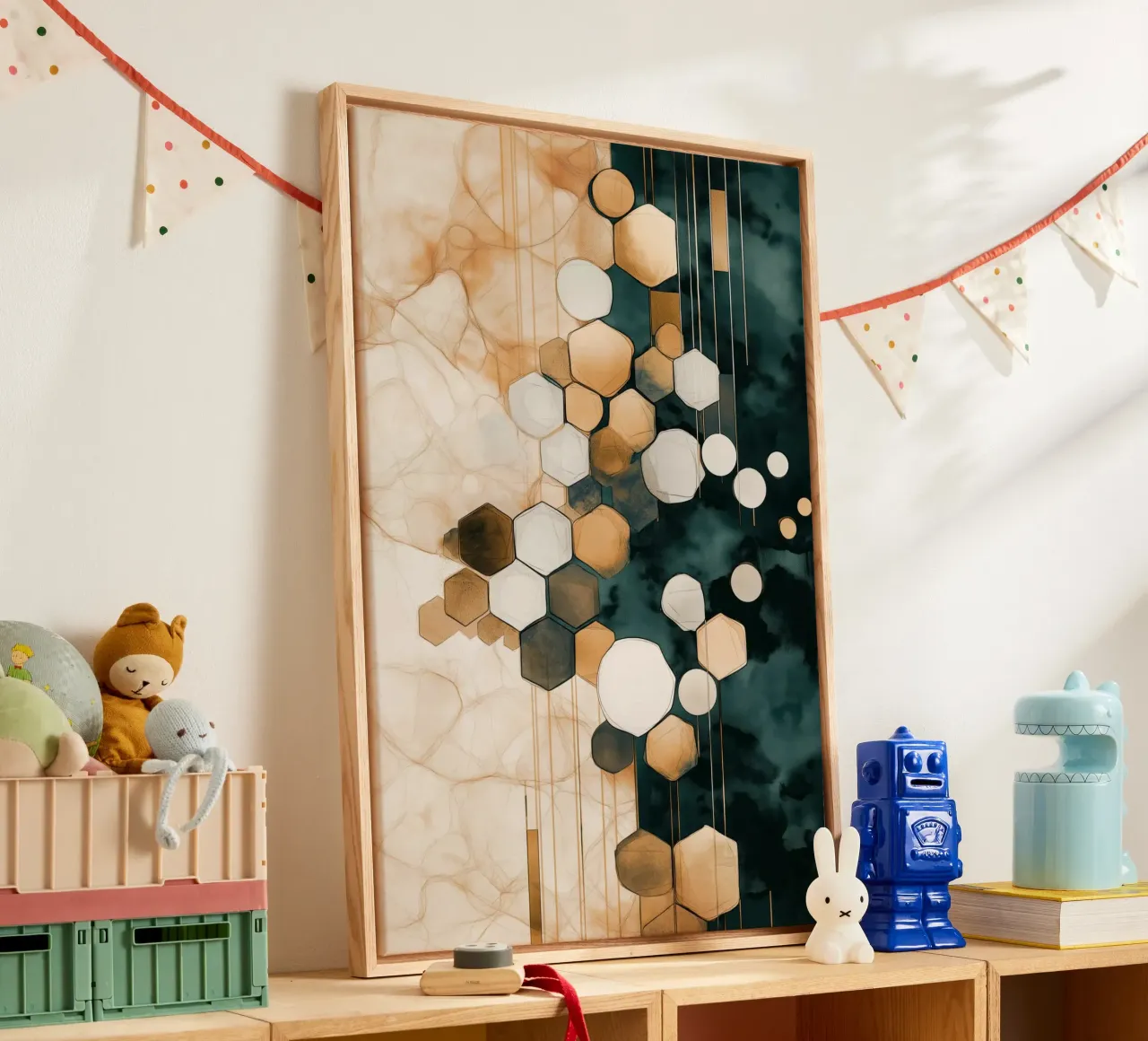 Zeshoek abstract canvas met Baklijst van Imagine