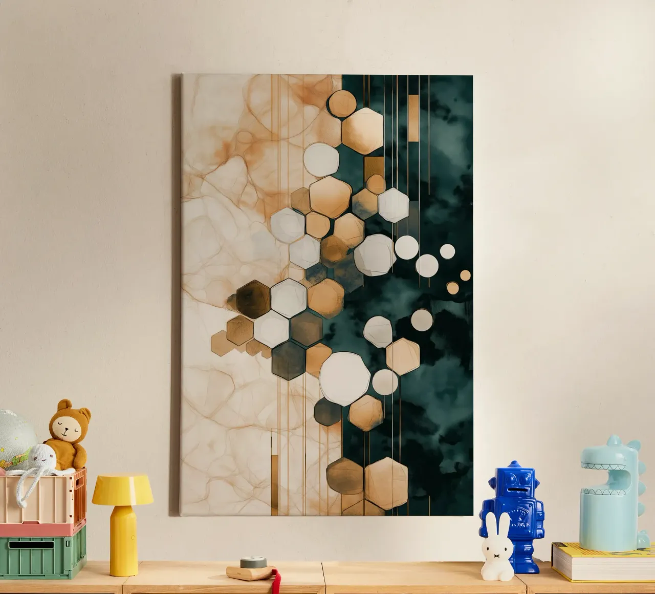 Zeshoek abstract canvas met Baklijst van Imagine