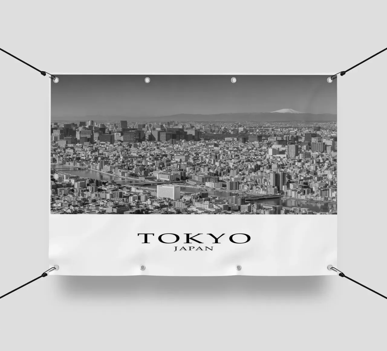 Tokyo Giappone Skyline Cityscape Monte Fuji Scena in scala di grigi telo in pvc da Charnwood Prints