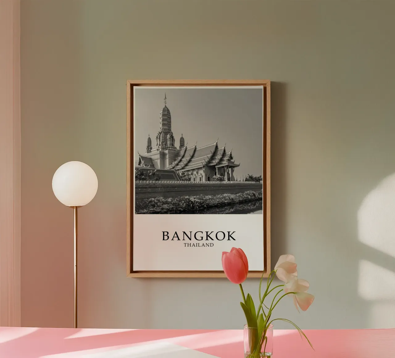 Bangkok Thailand Temple Scene Architecture Greyscale canvas with Floater frame by Charnwood Prints