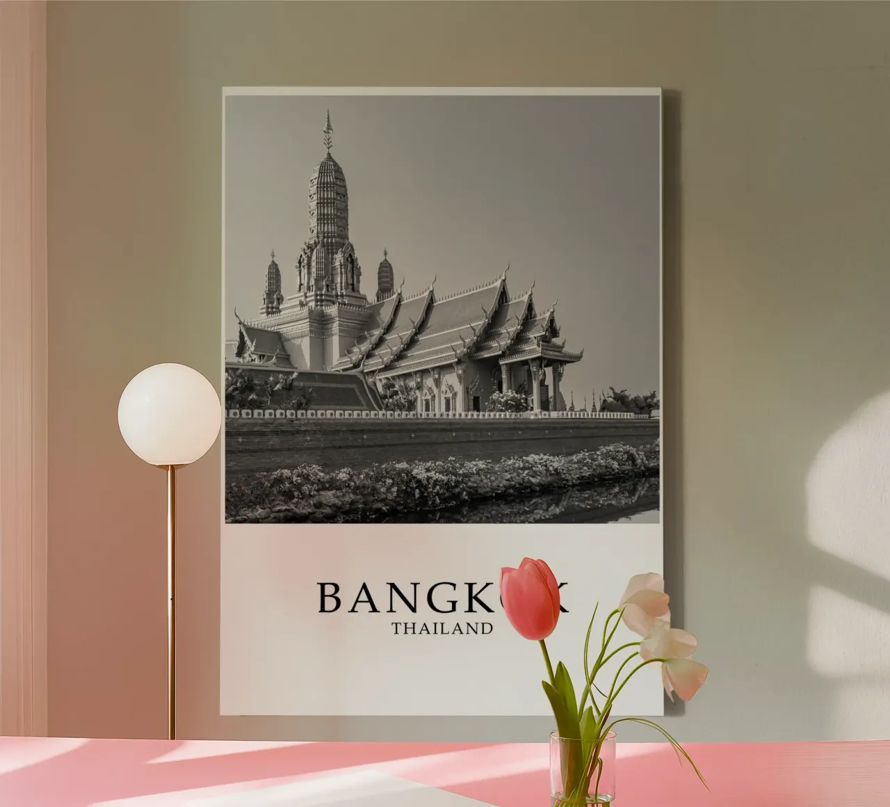 Bangkok Thailand Temple Scene Architecture Greyscale canvas with Floater frame by Charnwood Prints