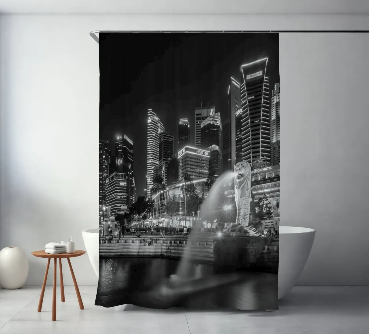 Singapore Skyline Architettura Scena in scala di grigi tenda da doccia da Charnwood Prints