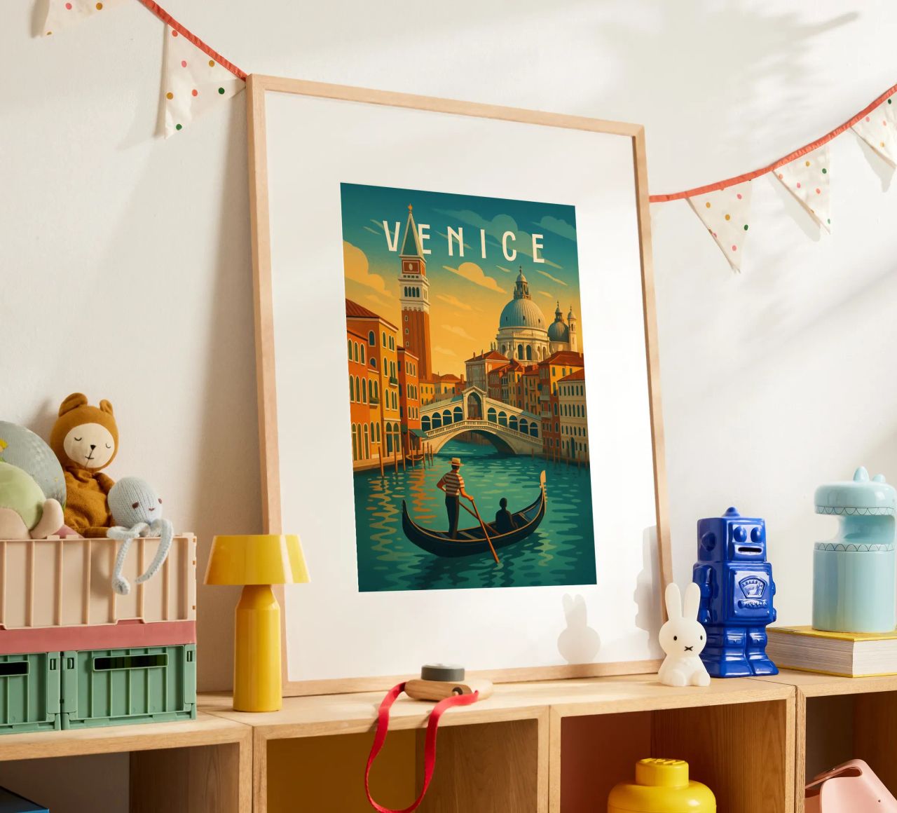 Venedig Reiseposter - Romantische Gondel und Sonnenuntergang Kanal Poster von Wanderlust