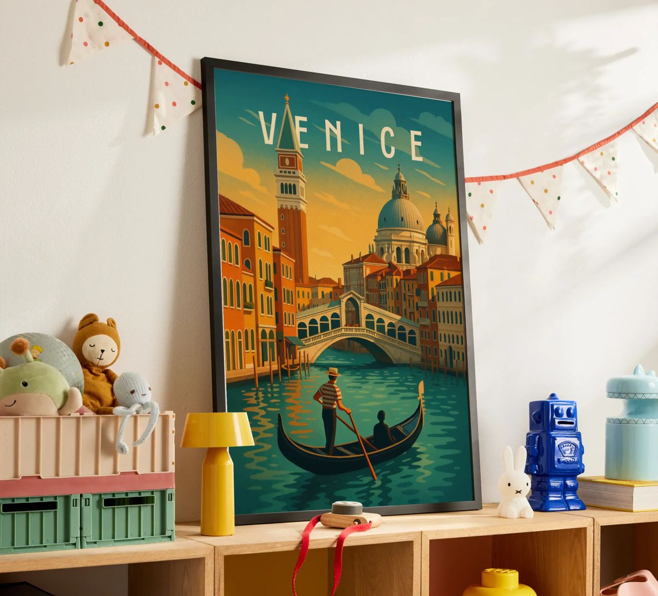 Venedig Reiseposter - Romantische Gondel und Sonnenuntergang Kanal Poster von Wanderlust