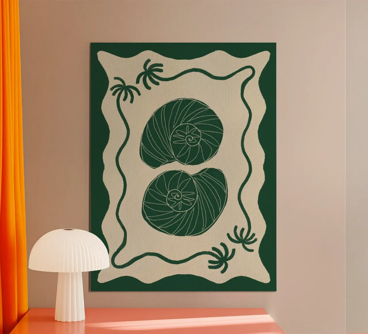 Storie di conchiglie verdi poster con telaio in legno da Shatha Al Dafai