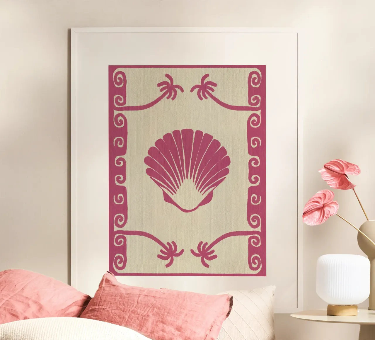 Pink Seashell Stories poster con telaio in legno da Shatha Al Dafai