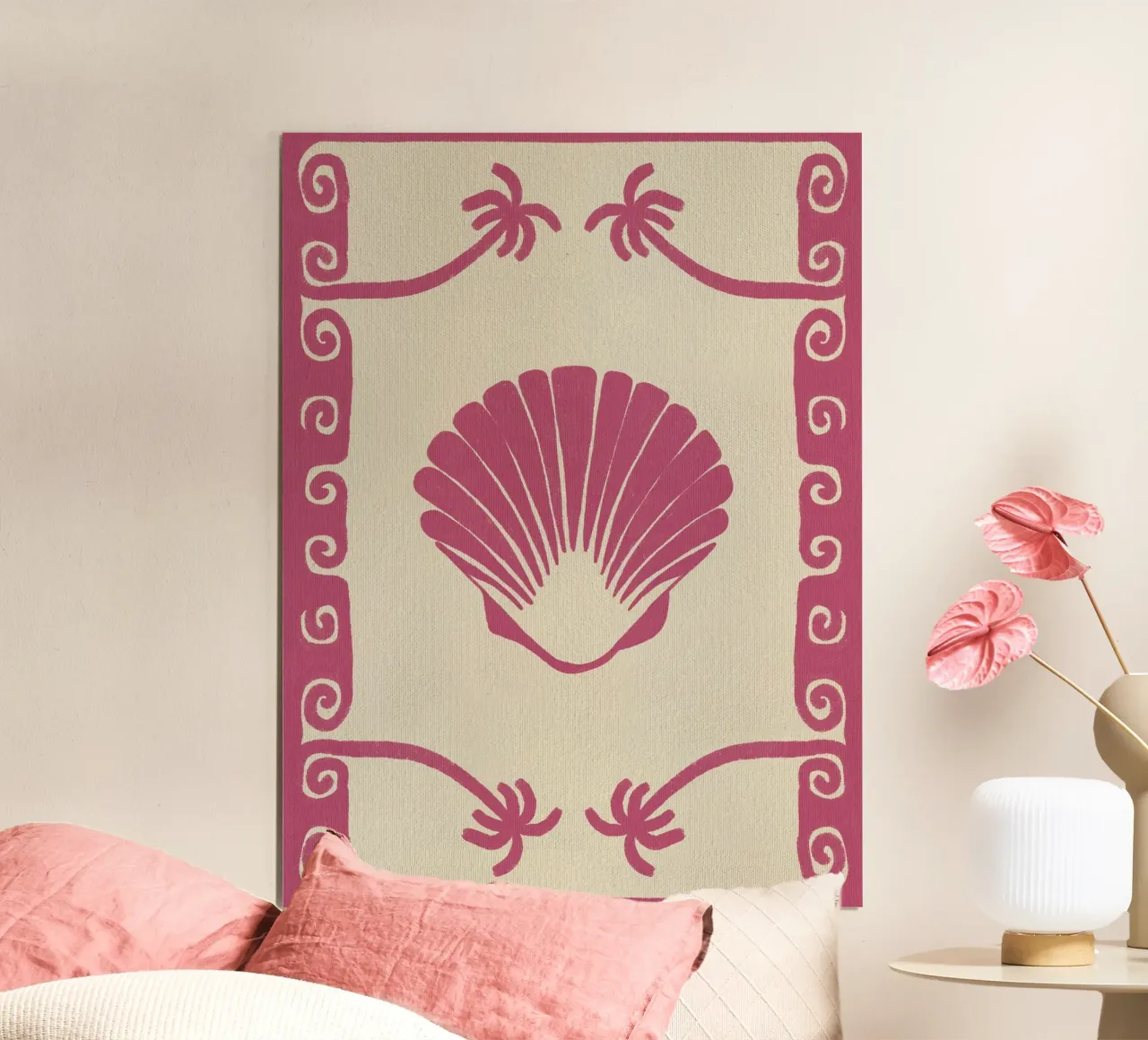 Pink Seashell Stories poster con telaio in legno da Shatha Al Dafai