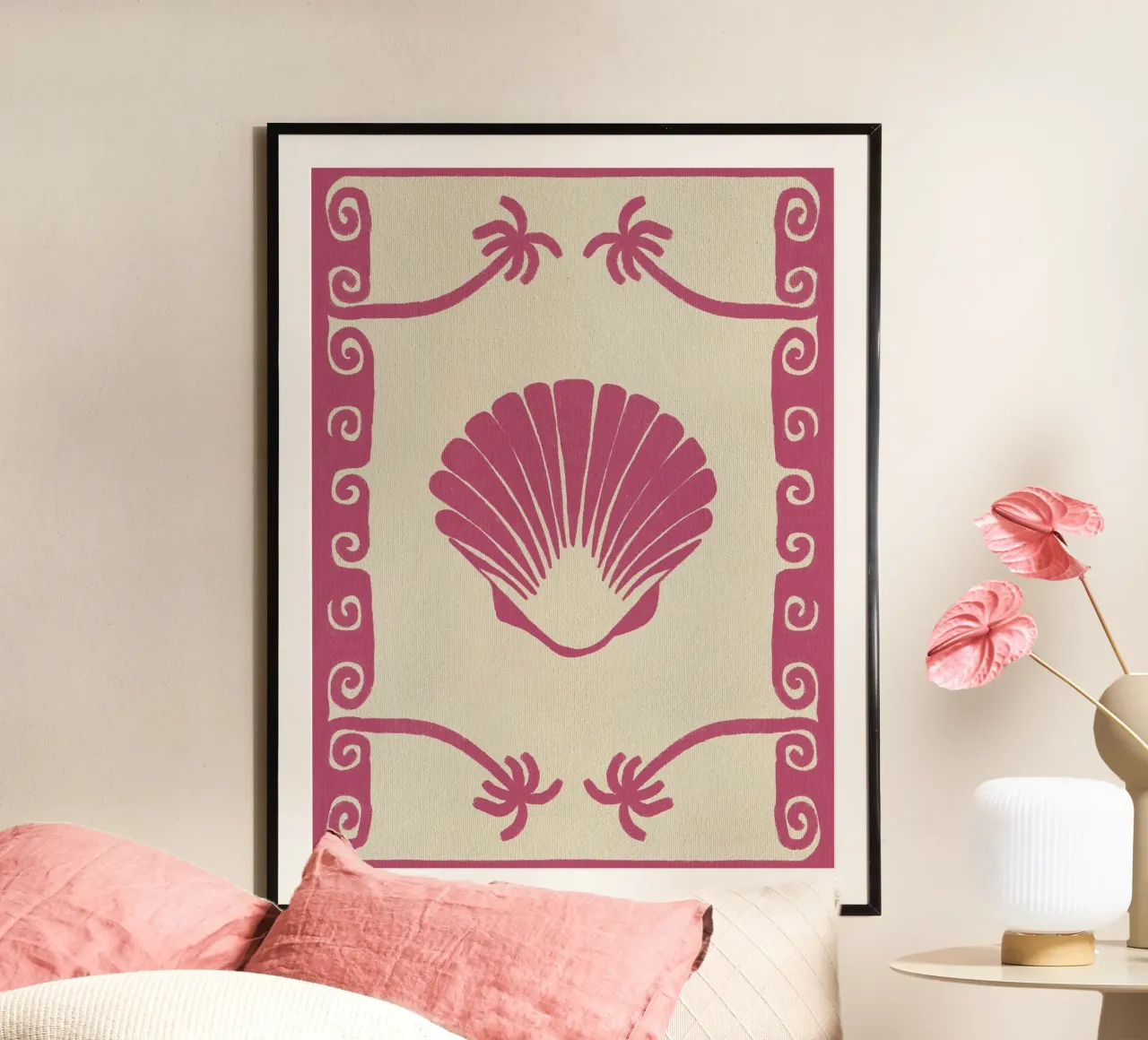 Pink Seashell Stories poster con telaio in legno da Shatha Al Dafai