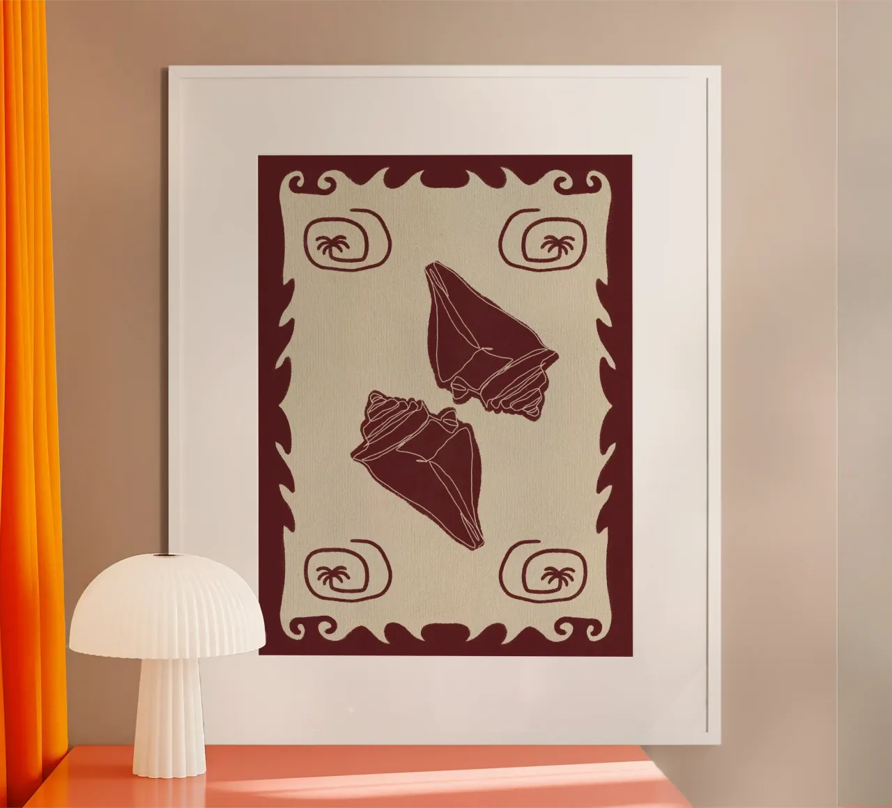 Storie di conchiglie rosse poster con telaio in alluminio da Shatha Al Dafai