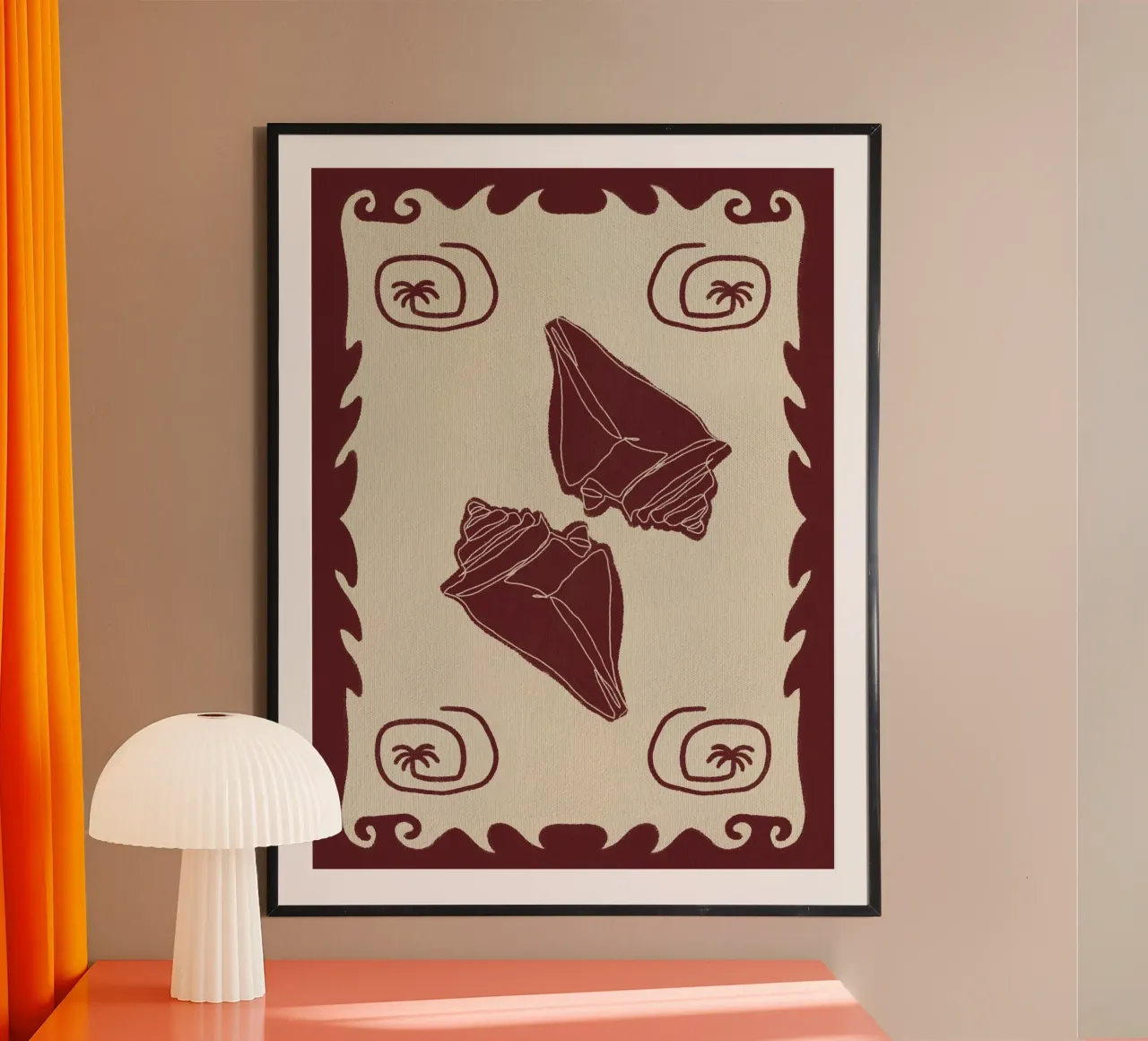 Storie di conchiglie rosse poster con telaio in alluminio da Shatha Al Dafai