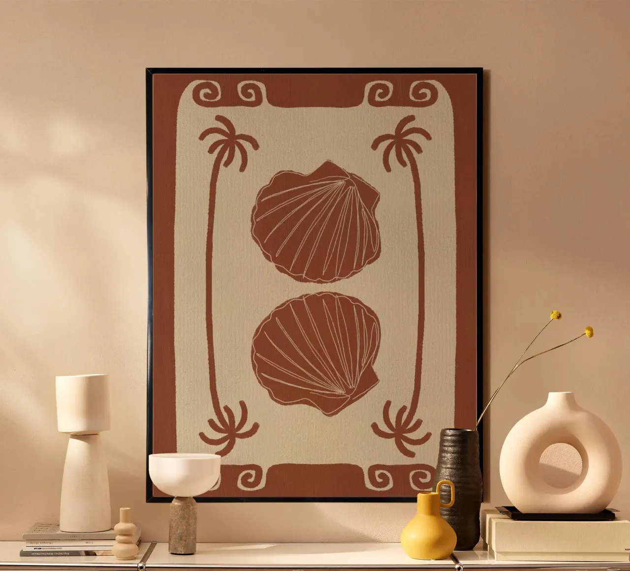 Terracotta Seashell Stories poster con telaio in alluminio da Shatha Al Dafai