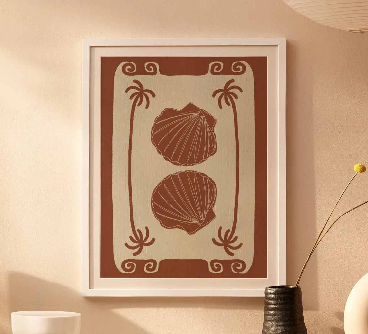 Terracotta Seashell Stories poster con telaio in alluminio da Shatha Al Dafai