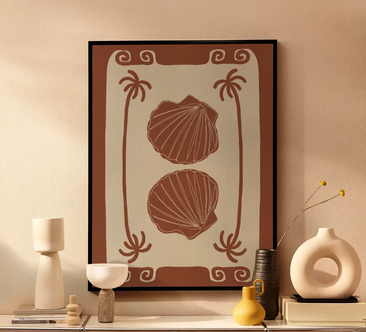 Terracotta Seashell Stories poster con telaio in alluminio da Shatha Al Dafai