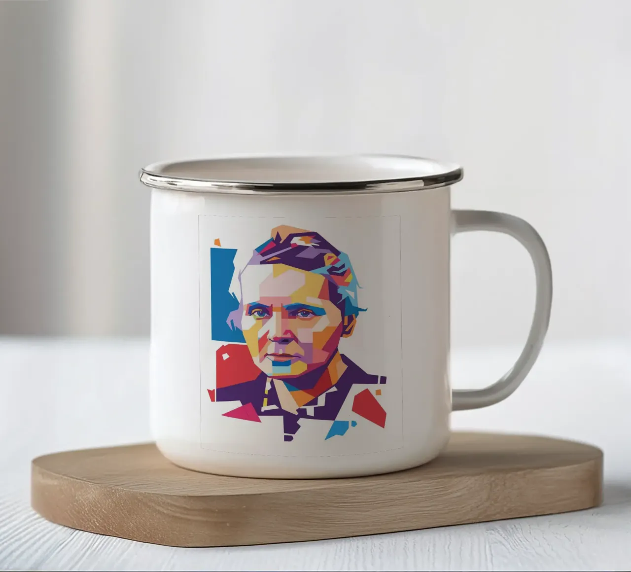 Ritratto pop art di Marie Curie tazza in smalto da Hantamrata