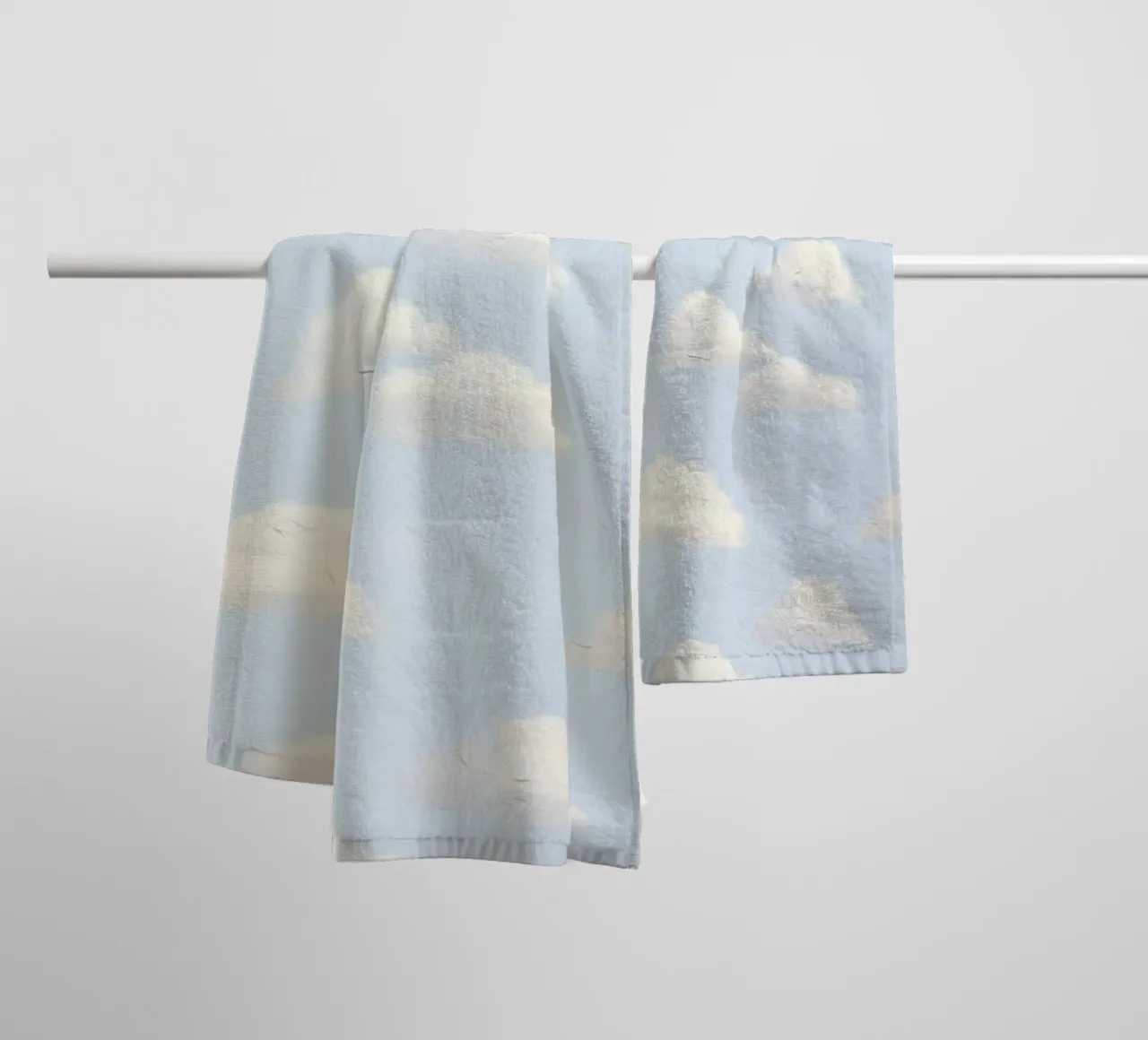 Valzer di nuvole bianche in un cielo blu pastello Calma e spiritualità asciugamano da bagno da Gentle Echoes Art
