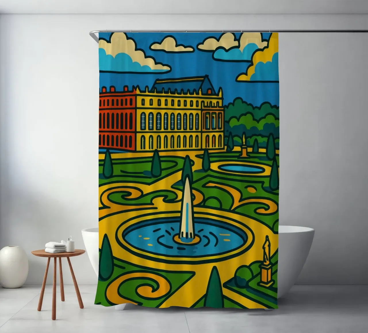 La versione pop di Versailles: una grandezza geometrica tenda da doccia da JETLAG | affiches voyage