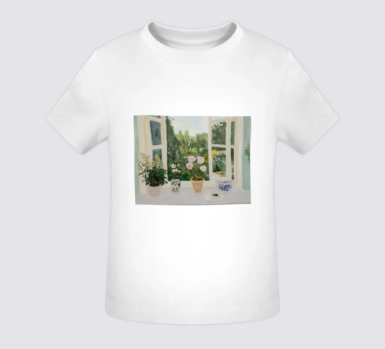 Ventana abierta con flores, campo, paisaje camiseta de bebé de Little Lila