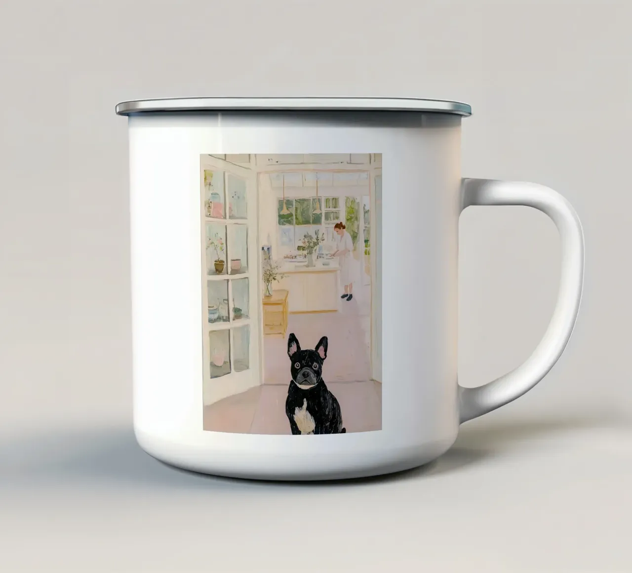 Bulldog francese in un caffè, arte animale astratta carina tazza in smalto da Little Lila